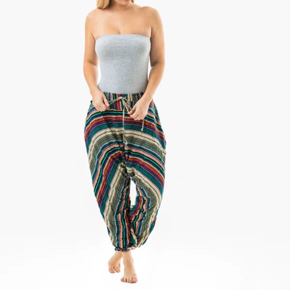 Buddha Pants Unisex Drawstring Boho Hippie Stripe Savannah Harem Pants Green - Picture 6 of 15